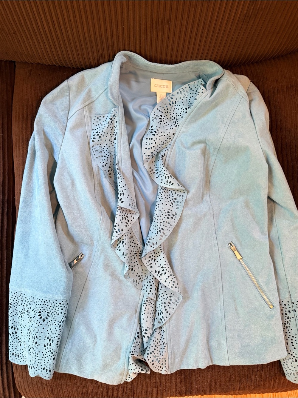 Chico's Powder Blue Suede Ruffle Front Jacket